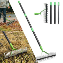 Adjustable Lawn Dethatching Rake 55 Inch Heavy Duty Steel DualSided Curved Tines for Yard and Garden