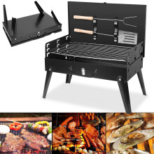 Portable Charcoal Grill Foldable Suitcase BBQ with Storage Shelf and Utensils for Camping Picnic Garden