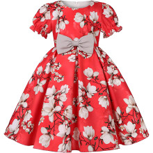 Køb & Prøv PigeS Satin Blomstret Frock Korte Knælængde Korte Ærmer Dora Kjole. (Rød, 6-7 År)