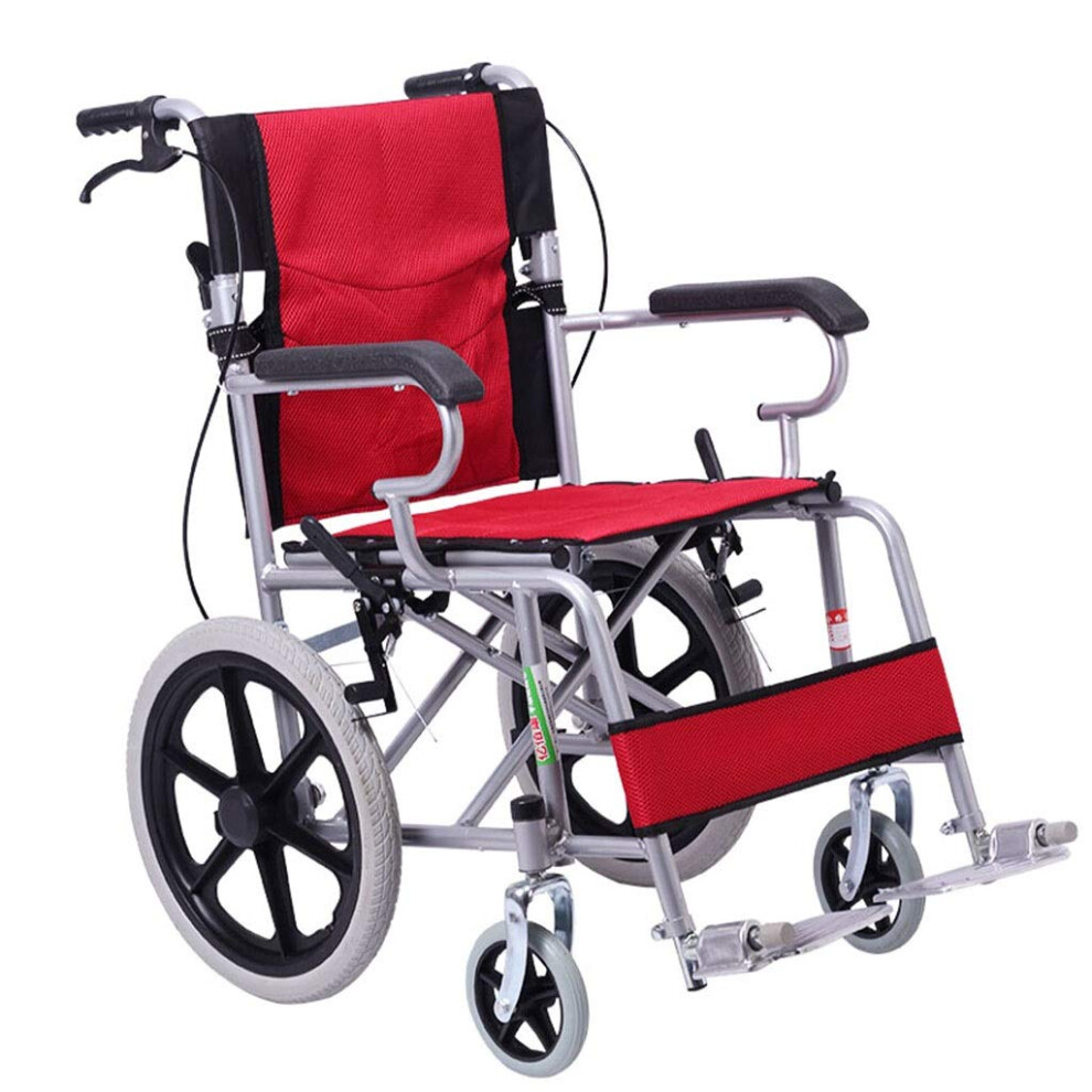 Red Lightweight Folding Wheelchair For Elderly, Compact Manual Travel Chair With Dual Brake Safety,