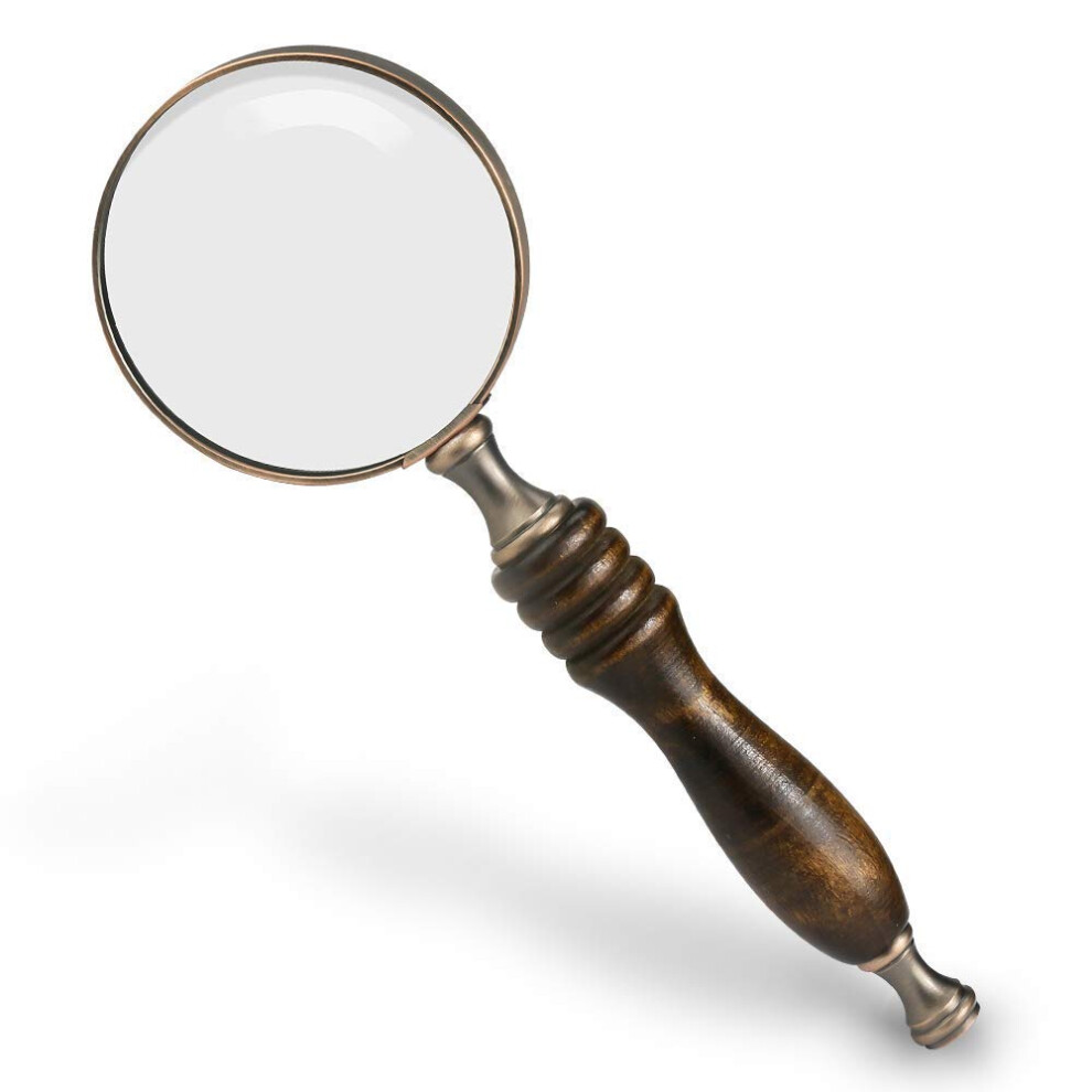 10X Magnifying Glass with Antique Copper Frame and Sandalwood Handle for Reading and Inspection