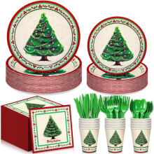 210PCS Vintage Christmas Paper Plates and Napkins Set for 30 Guests, Retro Christmas Tree Party Tableware Supplies