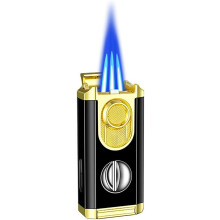 Torch Lighter Triple Jet Flame 3‑in‑1 Refillable Butane Lighter with Built‑in V Cutter for Cigar BBQ Camping Gold