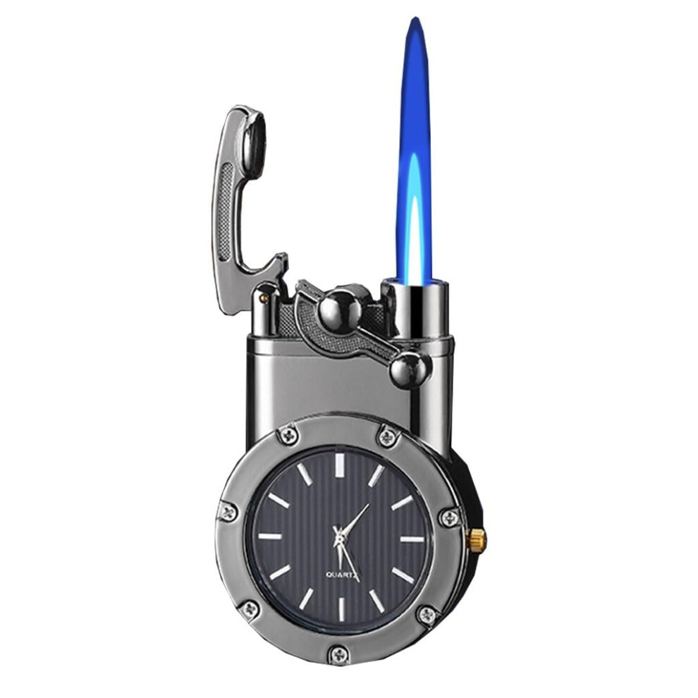Black/Blue Butane Torch Lighter Windproof Jet Flame With Rocker Flip Ignition And Visible Fuel Window For Outdoor Camping Cigarettes