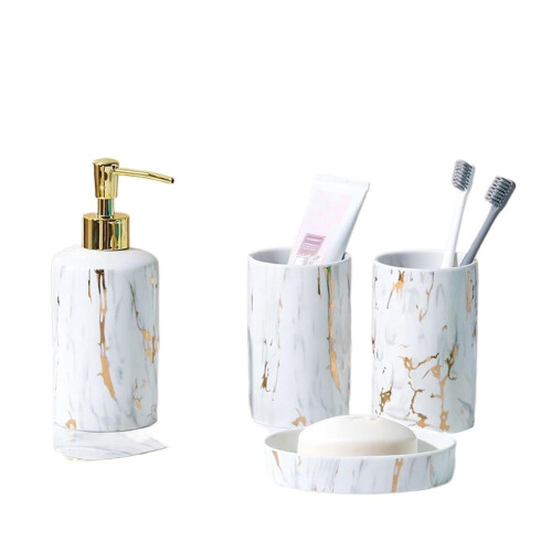 Bathroom Accessories Set 4 Piece Ceramic Vanity Set with Marble Look Design and Durable Easy Clean Surface