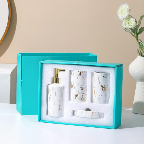 Bathroom Accessories Set 4 Piece Ceramic Vanity Set with Marble Look Design and Durable Easy Clean Surface 1