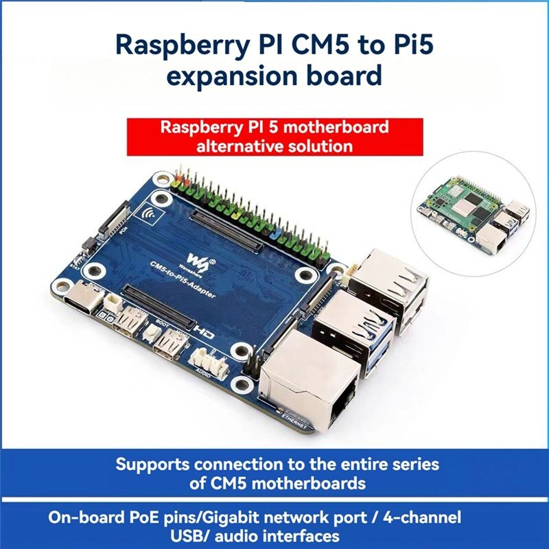Wave. Share Interface Raspberry Pi Waveshare for Raspberry Pi CM5 to Pi 5 Adapter with GPIO 4-Ch USB ...