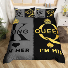 Queen Duvet Cover Set with Pillowcases Soft Microfiber His and Her Crown Bedding for Couples Grey