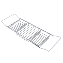 Expandable Stainless Steel Bathtub Caddy Tray with Wine Glass Holder and Book Stand, Non Slip Silver Organizer