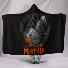Viking Hooded Blanket with 3D Mjolnir Rune Print, Warm Sherpa Fleece Wearable Flannel Throw Wrap 50x60in