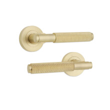 Satin Brass Knurled Lever Door Handles on Rose Set, Anti‑Slip Grip Heavy‑Duty Interior Handle