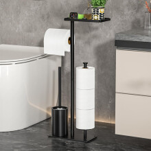 Black Metal Bathroom Organizer with Shelf, 3in1 Toilet Paper Holder Stand and Hidden Brush Storage