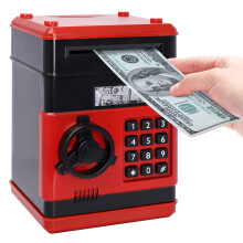 Kids ATM Piggy Bank with Password Code Lock, Mini Electronic Money Saving Box Toy Gift for Boys and Girls Black Red