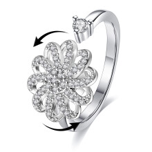 Fidget Spinner Ring for Women Anxiety Relief Adjustable Open Band Cubic Zirconia Chrysanthemum Style