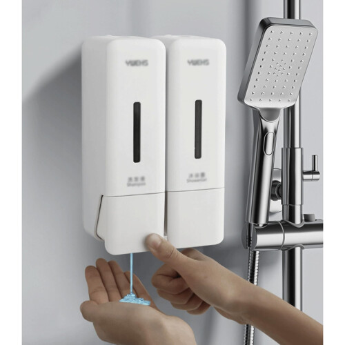 Three Chamber Wall Mount Soap Dispenser Set, Refillable Shower Shampoo Dispenser with Easy Push Control 1