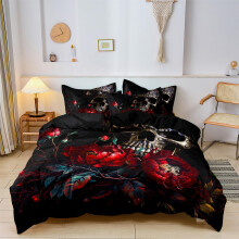 Skull and Flower Duvet Cover Set Queen Black Red, Breathable Soft Fabric, Fade‑Resistant, 3 Piece