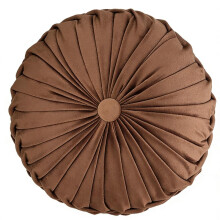 Velvet Round Throw Pillow Dark Coffee Cushion with Pleated Design and Elegant Button for Couch Bed