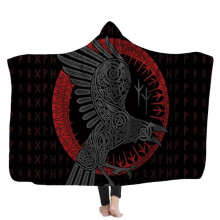 Viking Hooded Blanket for Men Double Layer Cashmere Nordic Raven Design Warm Wearable Cape 60x80in