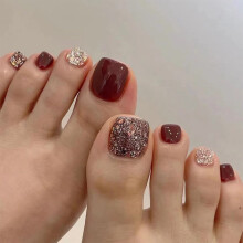 Red Glitter Press On Toenails 24PCS Short Square Fake Toenails for Women Instant Salon Pedicure