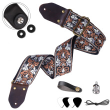 Brown Jacquard Cotton Guitar Strap with Crazy Horse Leather Ends, Adjustable Comfort Fit for Acoustic Electric Bass