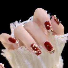 Burgundy Short French Tip Press On Nails with Gold Glitter, Elegant European Style, Quick Salon Finish