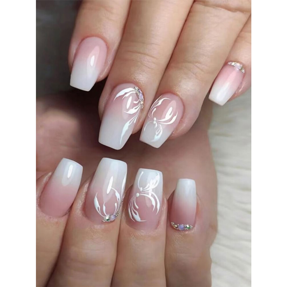 Pink,White Gradient Pink And White Press On Nails Set, Salonstyle Manicure, Reusable Fake Nails For Women