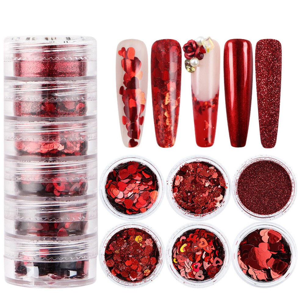 Valentine's Day Nail Art Red Heart Glitter Sequins Set 6 Jars 3D Love Heart Decorations for Nails