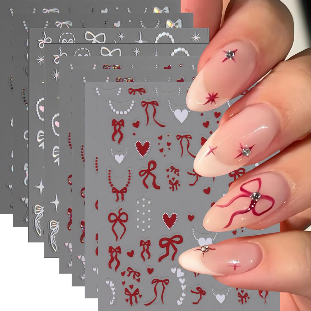 8Pcs Valentine's Day Nail Art Stickers, SelfAdhesive 3D Heart and Bow Nail Decals for Women