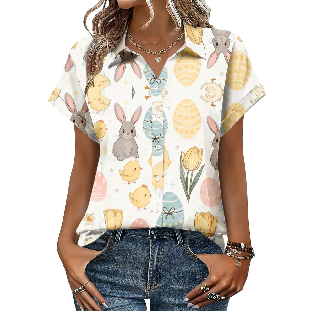 Beige Women's Button-Down Shirts, Short Sleeve, V-Neck,- Xl