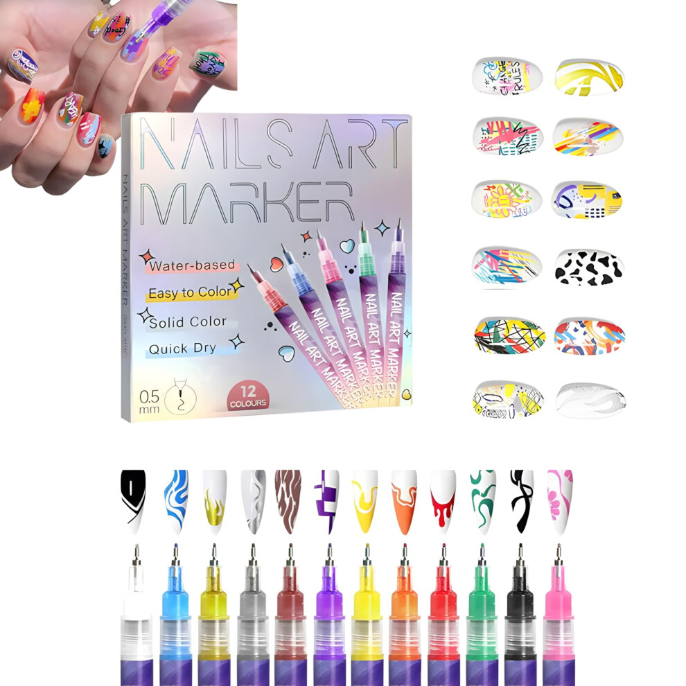 12 Colors Nail Art Pens Set with Ultrafine Precision Tips, QuickDrying Markers for DIY Nail Designs