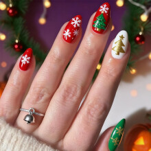 Christmas Press On Nails Red Green Almond Reusable Acrylic Set with Xmas Tree Design LongLasting Gloss