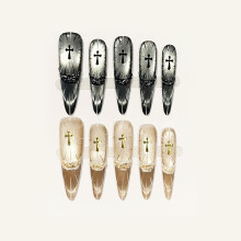 Gothic Cross Press on Nails for Women, Black and Khaki Long Stiletto False Nails with Glitter Finish