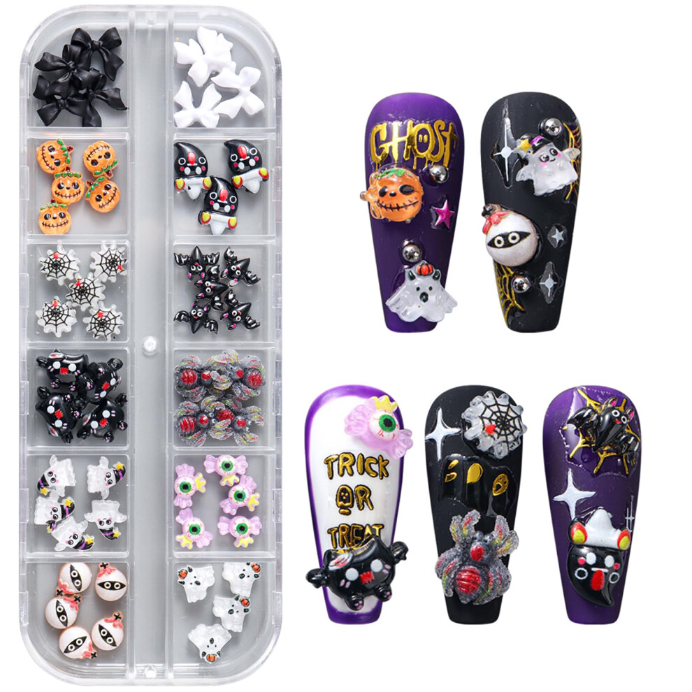 12 Grids Halloween Nail Art Decorations Set Spooky Ghost Pumpkin Spider Bat Charms Gothic Festive Design