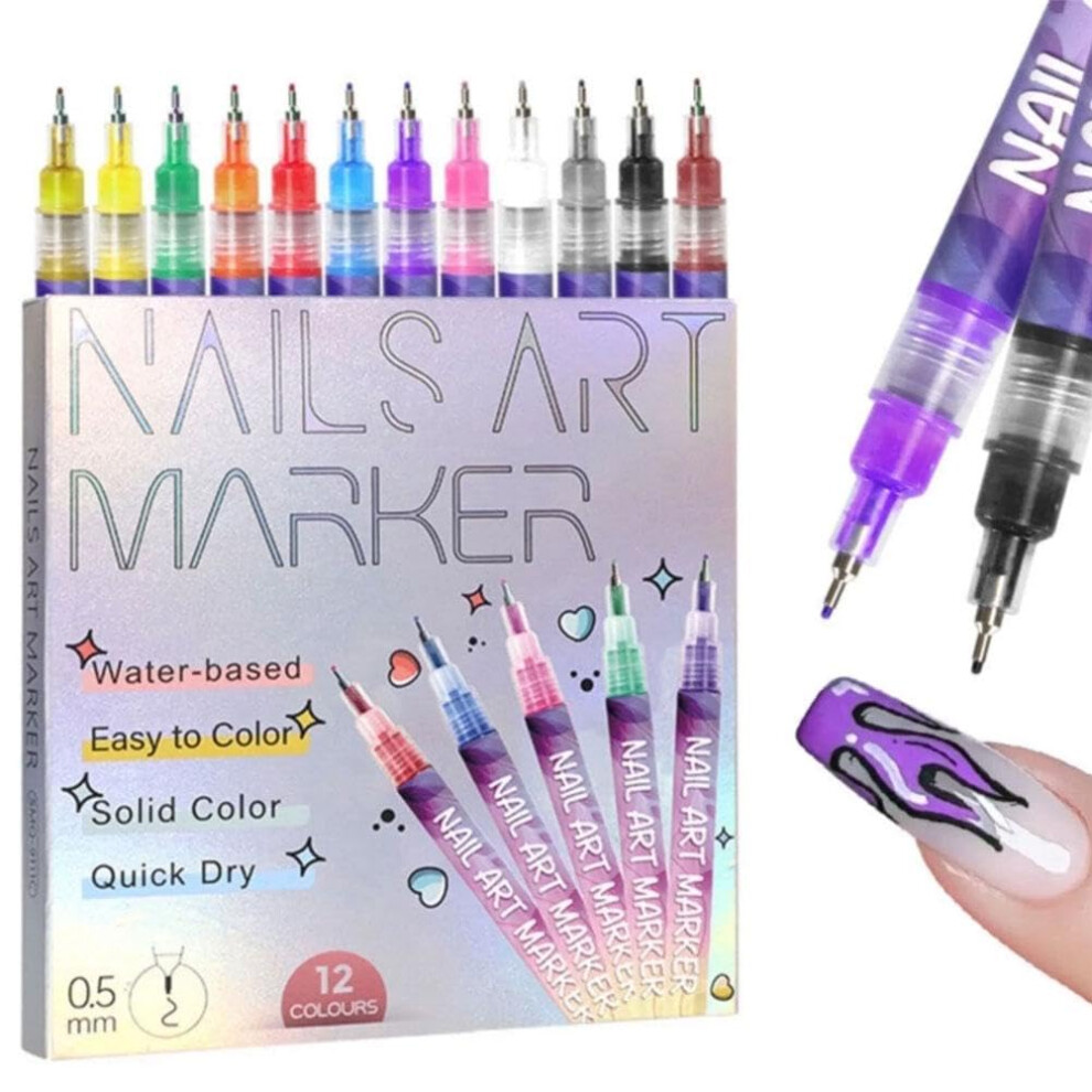 12 Colors 3D Nail Art Pens Set with 0.5mm Fine Tip, Quick Dry Raised Ink for DIY Manicure Drawing