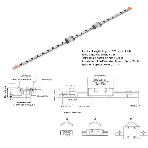 MGN9 500mm Linear Rail, 9x6.5mm, C1.86kN Steel 1