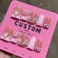 Handmade Press on Nails Pink French Tip 3D Heart Butterfly Rhinestone Duckbill Design Reusable Medium Acrylic False Nails for Women (10Pcs)