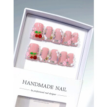 Handmade Pink Stiletto Press On Nails with 3D Floral Rhinestones, Long Shimmery Resin False Nail Set 10pcs