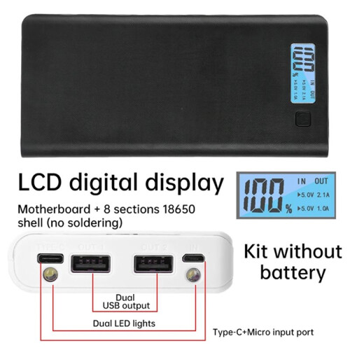 8x18650 Dual USB Power Bank Case with LCD Display, Micro Type C 5V 2.4A 2