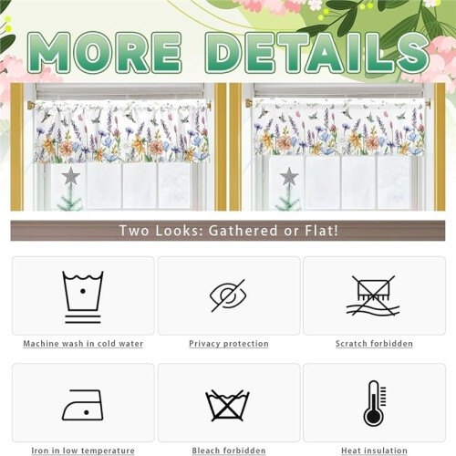 Cortinas de Primavera com Estampa Floral de Beija-Flor, 54x18 Polegadas - Perfeitas para Decoração de Cozinha, Banheiro, Quarto e Sala de Estar 1