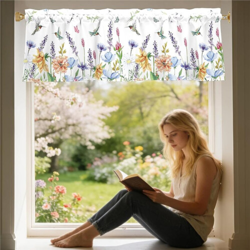 Cortinas de Primavera com Estampa Floral de Beija-Flor, 54x18 Polegadas - Perfeitas para Decoração de Cozinha, Banheiro, Quarto e Sala de Estar