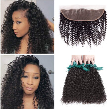Afro Kinky Curly Human Hair Bundles with Lace Frontal 20 22 24 Inch Mongolian Virgin Curly Hair Extensions Natural Color