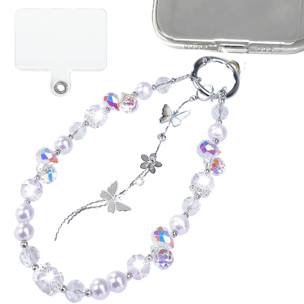 Butterfly Beaded Phone Strap With Wrist Chain, Handmade Crystal Phone Charm, Antilost Lanyard Purple 9073542919216