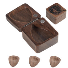 Guitar Pick Holder Wooden Walnut Case with 3 Picks Secure Storage Gift for Music Lovers
