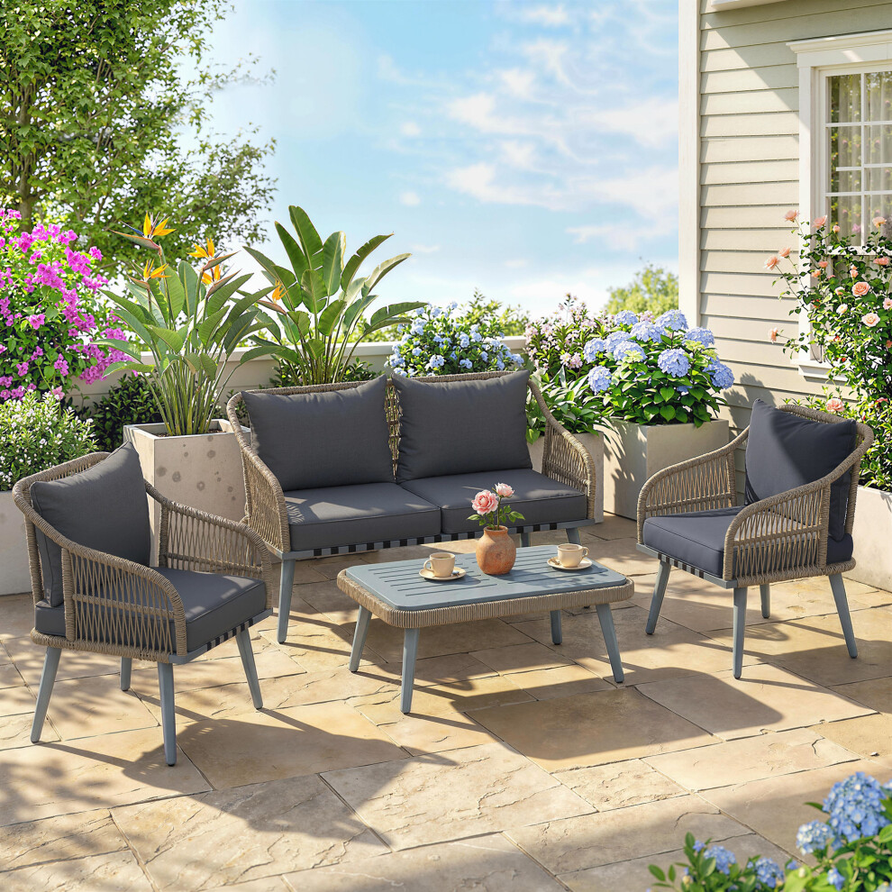 Outsunny 4 Piece Rattan Garden Furniture Set W/ Thick Cushions, Grey