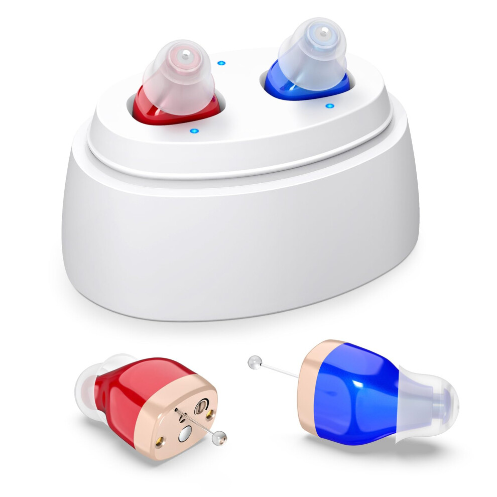 White Rechargeable Hearing Aids For Seniors With Digital Noise Reduction, Invisible Cic Fit And Charging Base