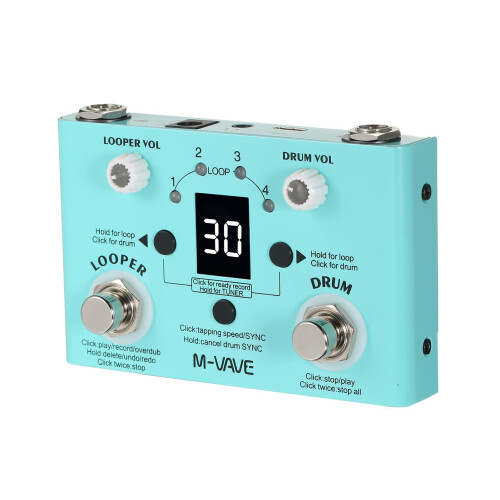 2 in 1 Looper and Drum Machine Pedal with Double Footswitch, 30 Drum Patterns, 4 Loop Tracks