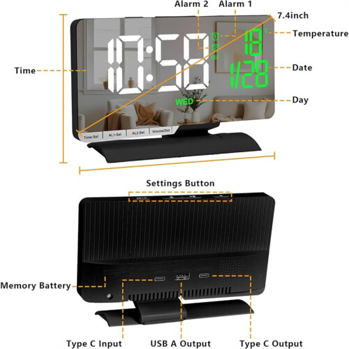 Digital Clock,Alarm Clock Bedside,7.3'' Large LED Mirror with Date Display,Temperature,Dual Alarm,Brightnee Adjust,DST 1