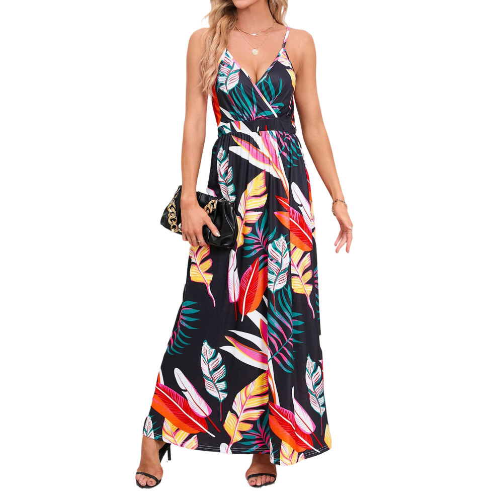 Women's long dress, Bohemian  floral print V-neck long-Multi S