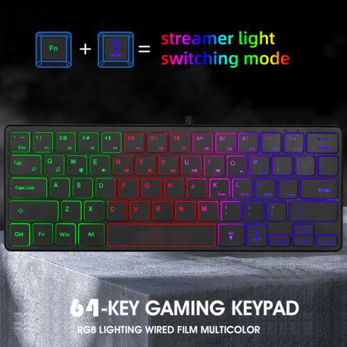 Gaming Keyboard 64 Keys RGB Backlit USB Wired Compact Small Keyboard for PC 2