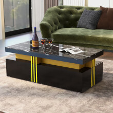 (Black) Marble Pattern Coffee Table with 2 Drawers, 100*50*40cm, Modern Living Room Storage Table